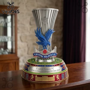 Crystal Palace FC UEFA Conference League trophy replica with a silver eagle crest and red and blue decorative base.!