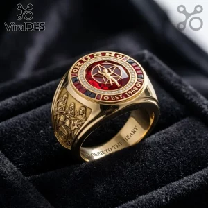 Gold Rush band commemorative ring featuring a red stone, Starman logo, band members, and Closer to the Heart inscription.!