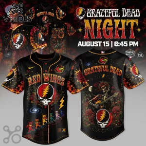 Detroit Red Wings Grateful Dead theme baseball jersey featuring Steal Your Face logo, dancing bears, and skeleton musician.!