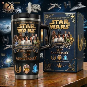 Black stainless steel Star Wars 50th anniversary tumbler featuring classic characters and logo with matching gift box.!