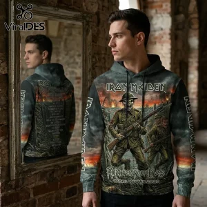 Iron Maiden Run For Your Lives 2026 tour hoodie with Eddie as a soldier in a muddy trench battlefield print on dark fabric.!