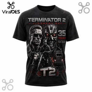 Terminator 2 Judgment Day black graphic t-shirt featuring Arnold Schwarzenegger, endoskeleton, and motorcycle art.!