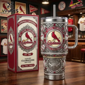 St. Louis Cardinals 40oz stainless steel tumbler with ornate silver filigree, ruby accents, and Busch Stadium engraving.!
