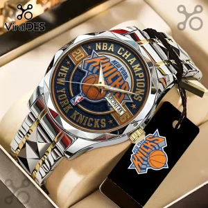 New York Knicks NBA Champions themed silver and gold stainless steel wristwatch in a beige presentation box.!