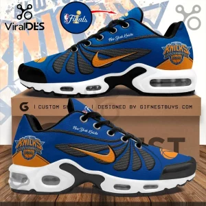 New York Knicks 2026 NBA Champions custom sneakers in blue and orange with white midsoles and visible air cushioning.!