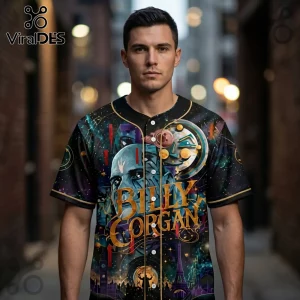 Man wearing a black button-up baseball jersey featuring Billy Corgan portrait, galaxy graphics, and landmarks in gold ink.!