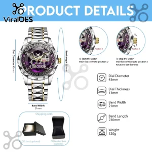 Ozzy Osbourne Prince of Darkness watch with bat motif, purple dial, and silver-gold metal link band with dimensions.!