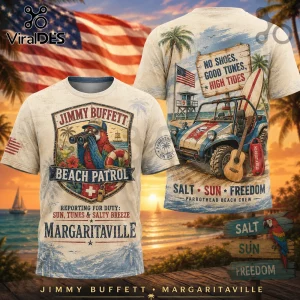Jimmy Buffett beach patrol t-shirt with parrot holding binoculars, jeep, surfboard, and Margaritaville typography.!