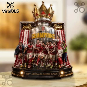 Arsenal FC Premier League Champions trophy display featuring miniature players on a base marked 2025/2026 season.!