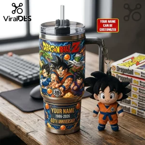 Dragon Ball Z stainless steel tumbler featuring Goku, Vegeta, and Piccolo with a custom name and 40th anniversary text.!