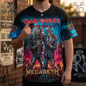 Iron Maiden and Megadeth baseball jersey featuring mascot Eddie and Vic Rattlehead graphics on blue and fire-themed fabric.!