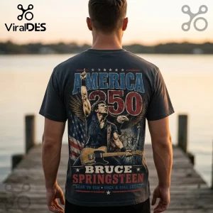Charcoal grey t-shirt back graphic featuring Bruce Springsteen, American flag, eagle, Statue of Liberty, and America 250 text.!