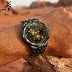 Black metal Star Wars 50th anniversary watch featuring Luke Skywalker and Darth Vader on the dial, worn on a wrist.!