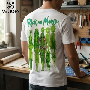 White crew neck t-shirt featuring a green Rick and Morty graphic on the back with multiple character variations.!