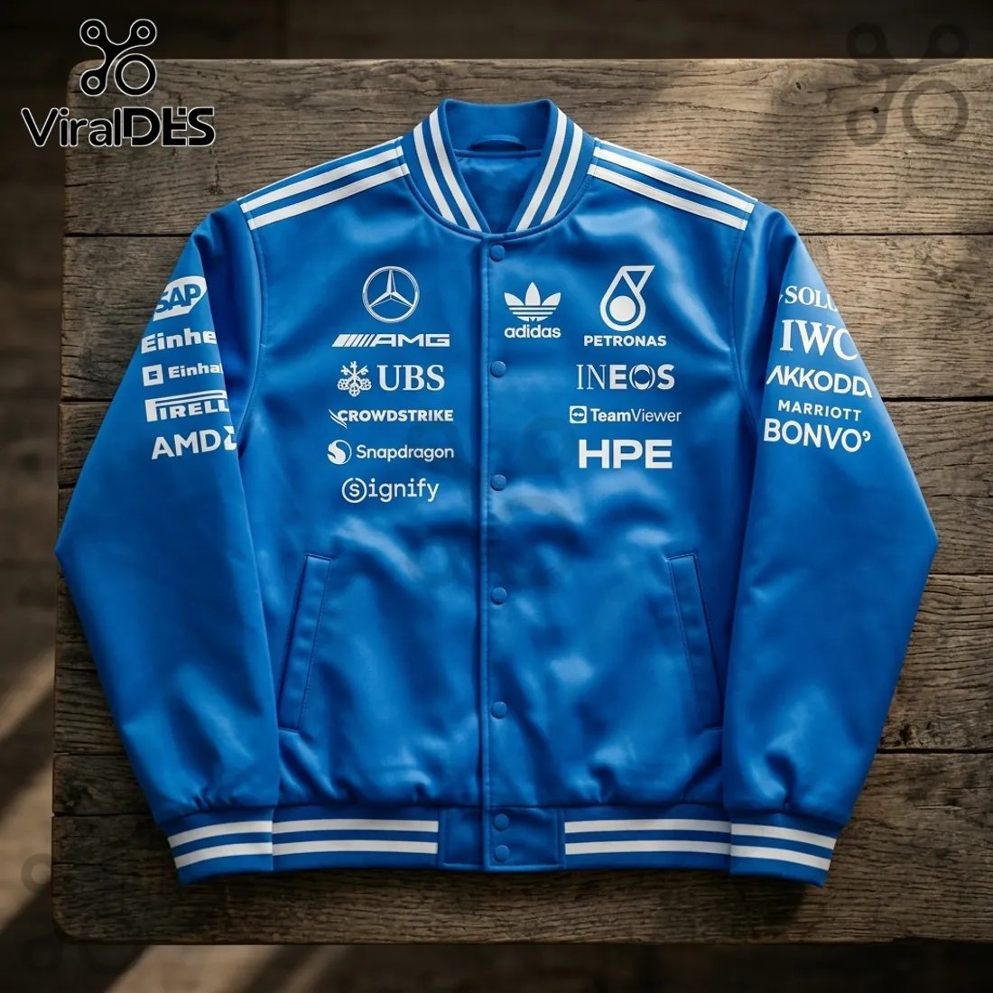 Adidas x Mercedes AMG Petronas F1 Team Blue Varsity Jacket Adidas x Mercedes AMG Petronas F1 Team Blue Varsity Jacket