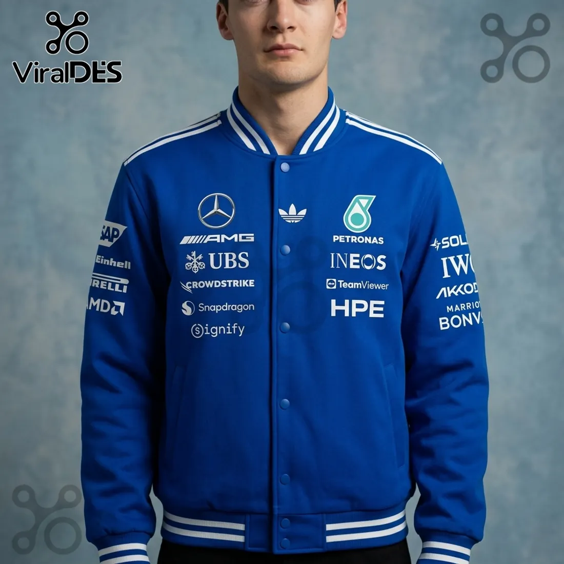 Adidas x Mercedes AMG Petronas F1 Team Blue Varsity Jacket Adidas x Mercedes AMG Petronas F1 Team Blue Varsity Jacket