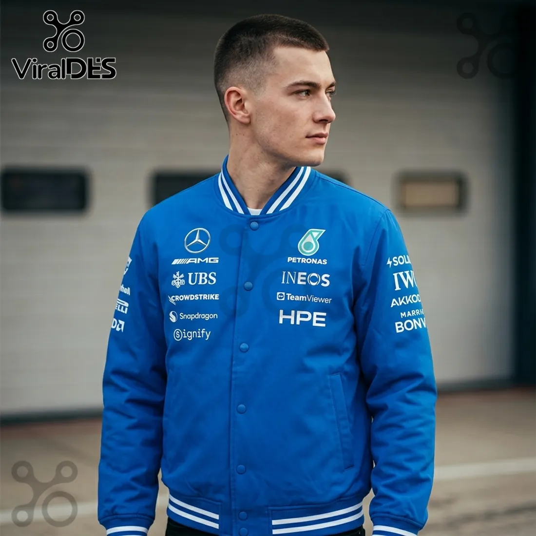 Adidas x Mercedes AMG Petronas F1 Team Blue Varsity Jacket Adidas x Mercedes AMG Petronas F1 Team Blue Varsity Jacket