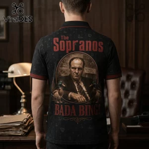 Black polo shirt featuring Tony Soprano in a circular frame with ducks, Satriale's sign, and Bada Bing text on the back.!