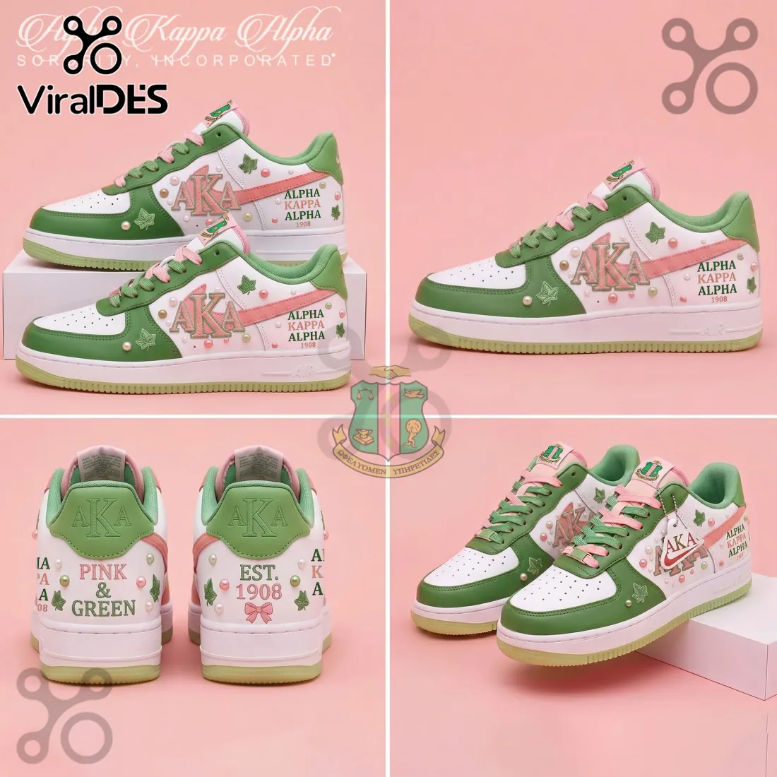 Alpha Kappa Alpha AKA Pink Green Ivy Pearl Custom 1908 Air Force 1 Alpha Kappa Alpha AKA Pink Green Ivy Pearl Custom 1908 Air Force 1