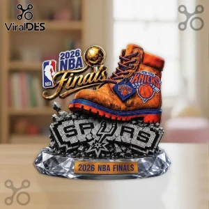 2026 NBA Finals collectible trophy with a New York Knicks boot on a concrete base with Spurs text and a crystal stand.!