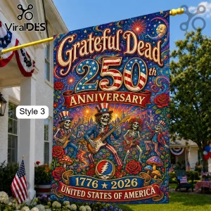 Grateful Dead 250th anniversary garden flag featuring skeletons in Uncle Sam hats playing guitars against a blue backdrop.!