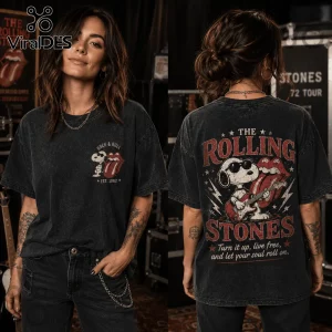 Charcoal acid wash t-shirt featuring Snoopy with The Rolling Stones logo on the front and back graphics.!