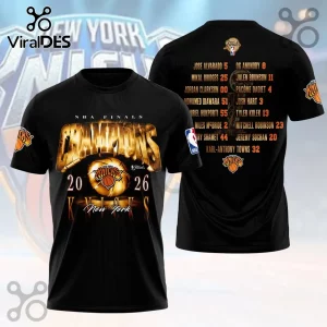 Black New York Knicks 2026 NBA Finals Champions t-shirt with gold graphic, team roster on back, and NBA logo on sleeve.!