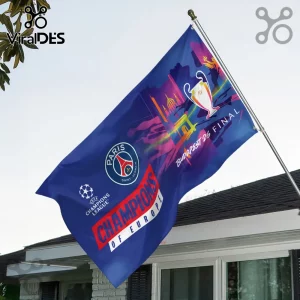 Paris Saint-Germain UEFA Champions League flag with Budapest 26 Final graphics on a blue background mounted on a house.!