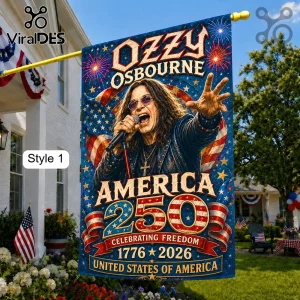 Ozzy Osbourne America 250 vertical garden flag with blue background, fireworks, American flags, and 1776 to 2026 text.!