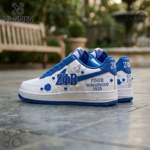 White and blue leather sneakers featuring Zeta Phi Beta symbols, Finer Womanhood 1920 text, dove, rose, and pearl details.!