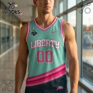 Man wearing a teal and pink New York Liberty basketball jersey with number 00 and Rock the Pink awareness branding.!