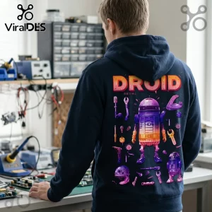Navy blue hoodie with back print of a purple and orange droid graphic surrounded by various mechanical tools and parts.!