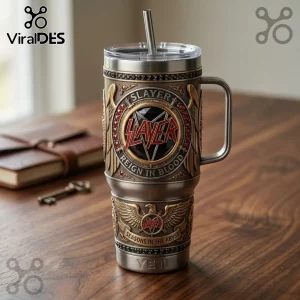 Slayer band heavy metal themed stainless steel tumbler with engraved Reign in Blood logo, eagle emblem, and metal straw.!