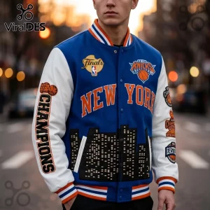 Blue and white wool varsity jacket with New York Knicks logo, Finals patch, city skyline embroidery, and Champions text.!