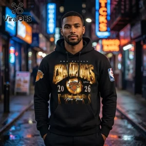 Man wearing a black cotton hoodie with gold New York Knicks 2026 NBA Finals Champions graphics and official logos.!