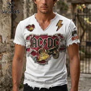 White V-neck t-shirt with distressed edges featuring AC/DC logo, golden bell, cannon graphic, and song title text.!