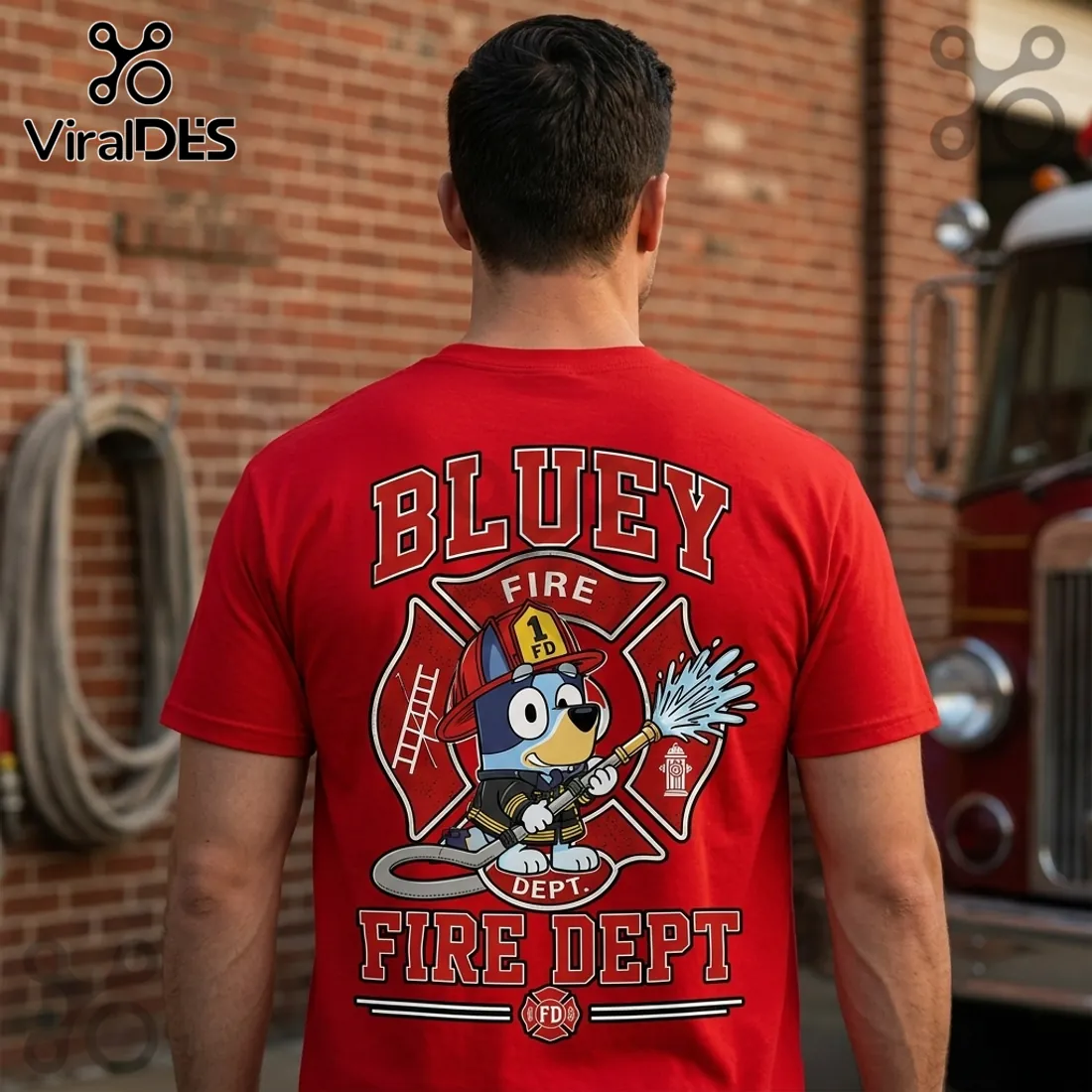 Bluey Fire Department Cartoon Character Graphic T-Shirt Bluey Fire Department Cartoon Character Graphic T-Shirt