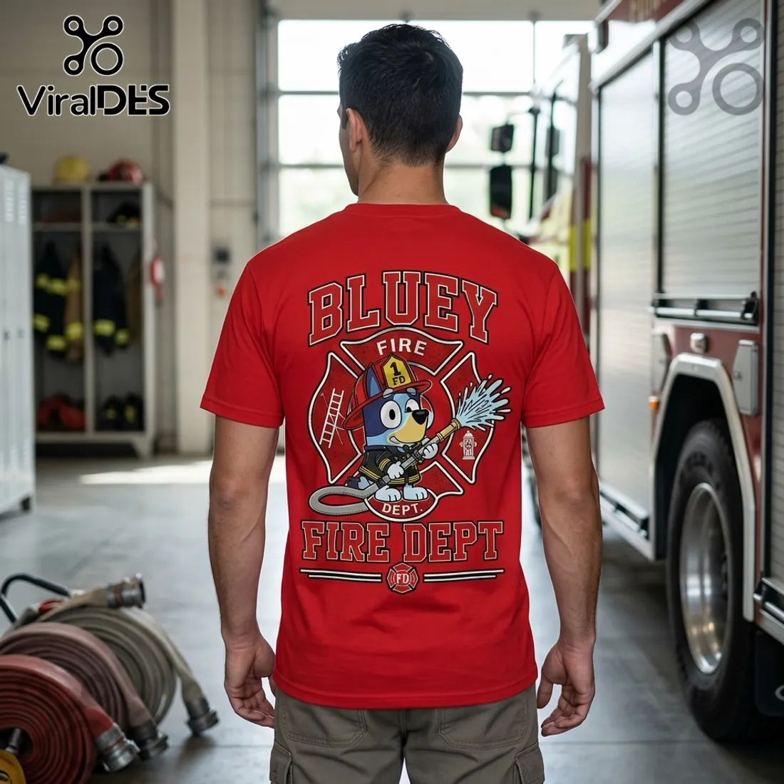 Bluey Fire Department Cartoon Character Graphic T-Shirt Bluey Fire Department Cartoon Character Graphic T-Shirt