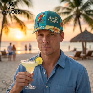 Man wearing a teal Jimmy Buffett baseball cap with parrot and hibiscus embroidery holding a lime margarita on a beach.!