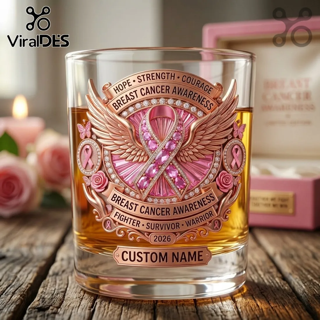 Breast Cancer Awareness Pink Rose Ribbon 2026 Whiskey Glass Breast Cancer Awareness Pink Rose Ribbon 2026 Whiskey Glass