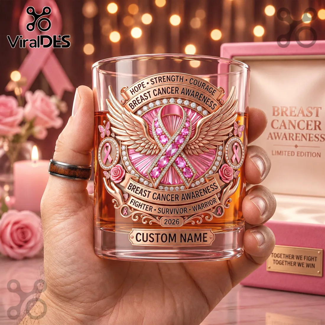 Breast Cancer Awareness Pink Rose Ribbon 2026 Whiskey Glass Breast Cancer Awareness Pink Rose Ribbon 2026 Whiskey Glass