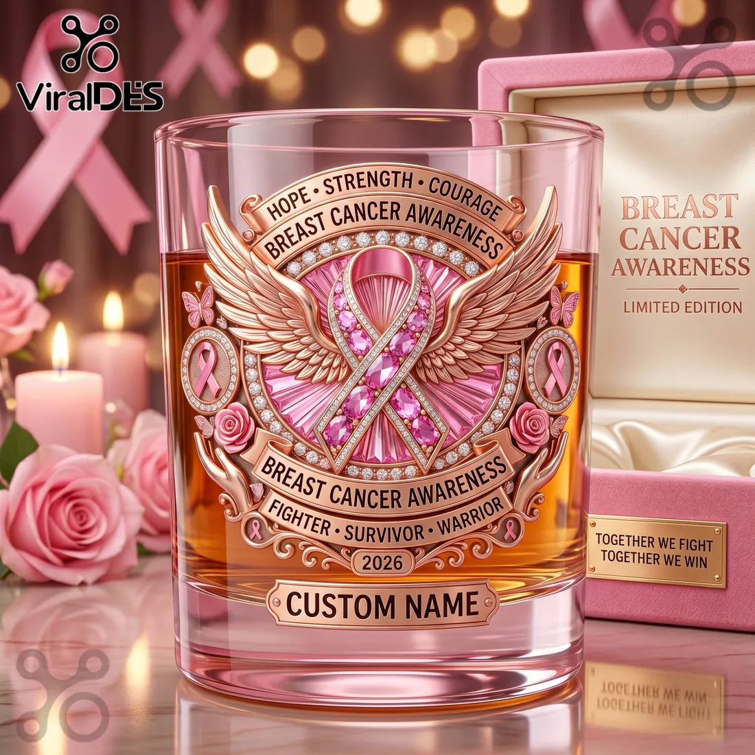 Breast Cancer Awareness Pink Rose Ribbon 2026 Whiskey Glass Breast Cancer Awareness Pink Rose Ribbon 2026 Whiskey Glass