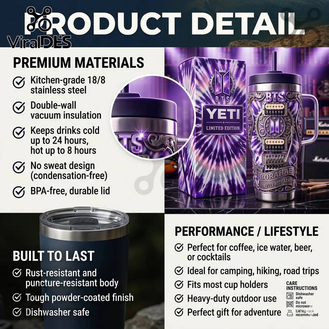 BTS x Yeti Limited Edition Purple Stainless Steel Handle Tumbler BTS x Yeti Limited Edition Purple Stainless Steel Handle Tumbler