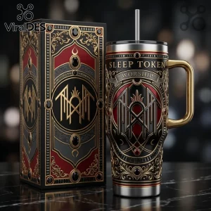 Sleep Token Worship stainless steel tumbler with gold handle and matching decorative box in red, black, and gold finish.!