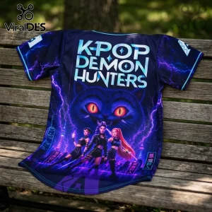 K-Pop Demon Hunters jersey featuring three female warriors, a large glowing cat face, and purple lightning on black fabric.!