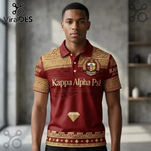 Kappa Alpha Psi polo shirt in crimson and gold with Greek letters, crest, and diamond pattern on a man.!
