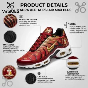 Kappa Alpha Psi Nike Air Max Plus sneakers in red and gold with TPU overlays, white midsole, and fraternity branding.!