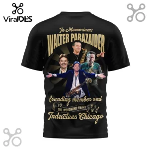 Black t-shirt featuring a tribute graphic to Walter Parazaider, founding member of the band Chicago with a saxophone.!
