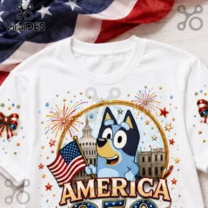 Bluey cartoon character holding an American flag with fireworks and the US Capitol building on a white cotton t-shirt.!