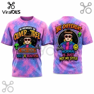 Oliver Tree graphic t-shirt with pink and blue tie-dye pattern, featuring character portraits, aliens, and scooters.!